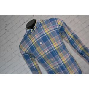45955-a J.Crew Summer Dress Shirt Blue Plaid Cotton Size Large Mens